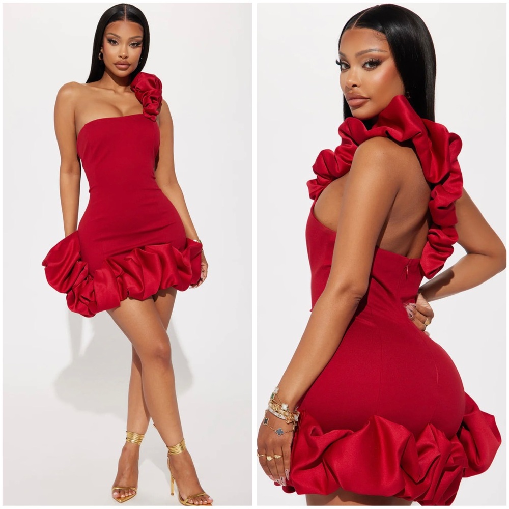 Elegant Red Ruffle One-Shoulder Dress